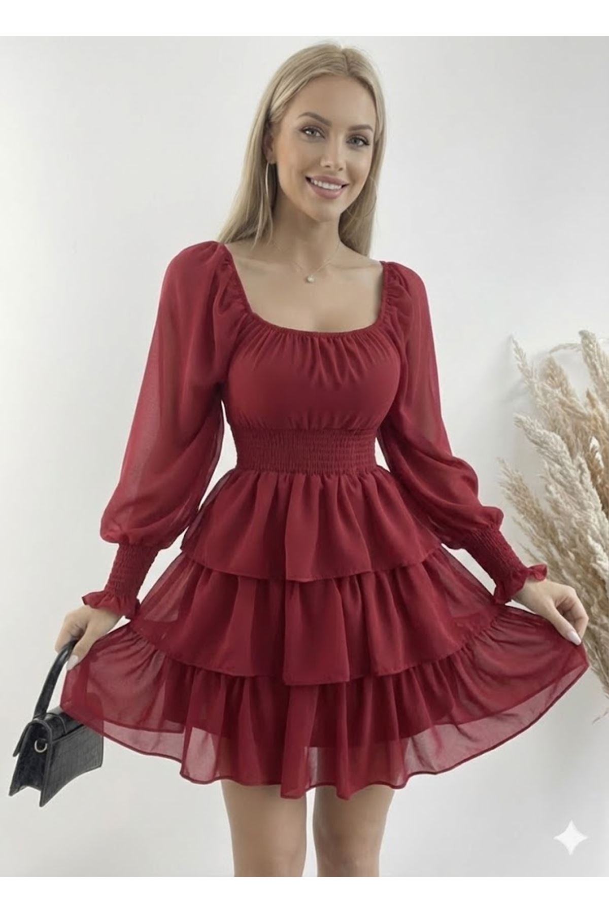 Kadın Uzun Kollu Kare Yaka Beli Lastikli Volanlı şifon Elbise