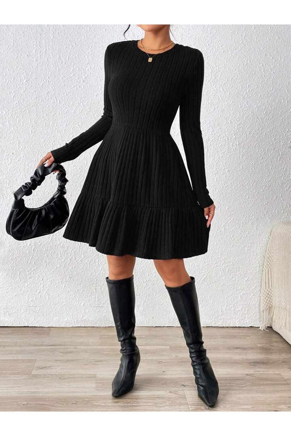 Kadın Uzun Kollu Bisiklet Yaka Kemersiz Eteği Pileli şardonlu Kaşkorse Elbise