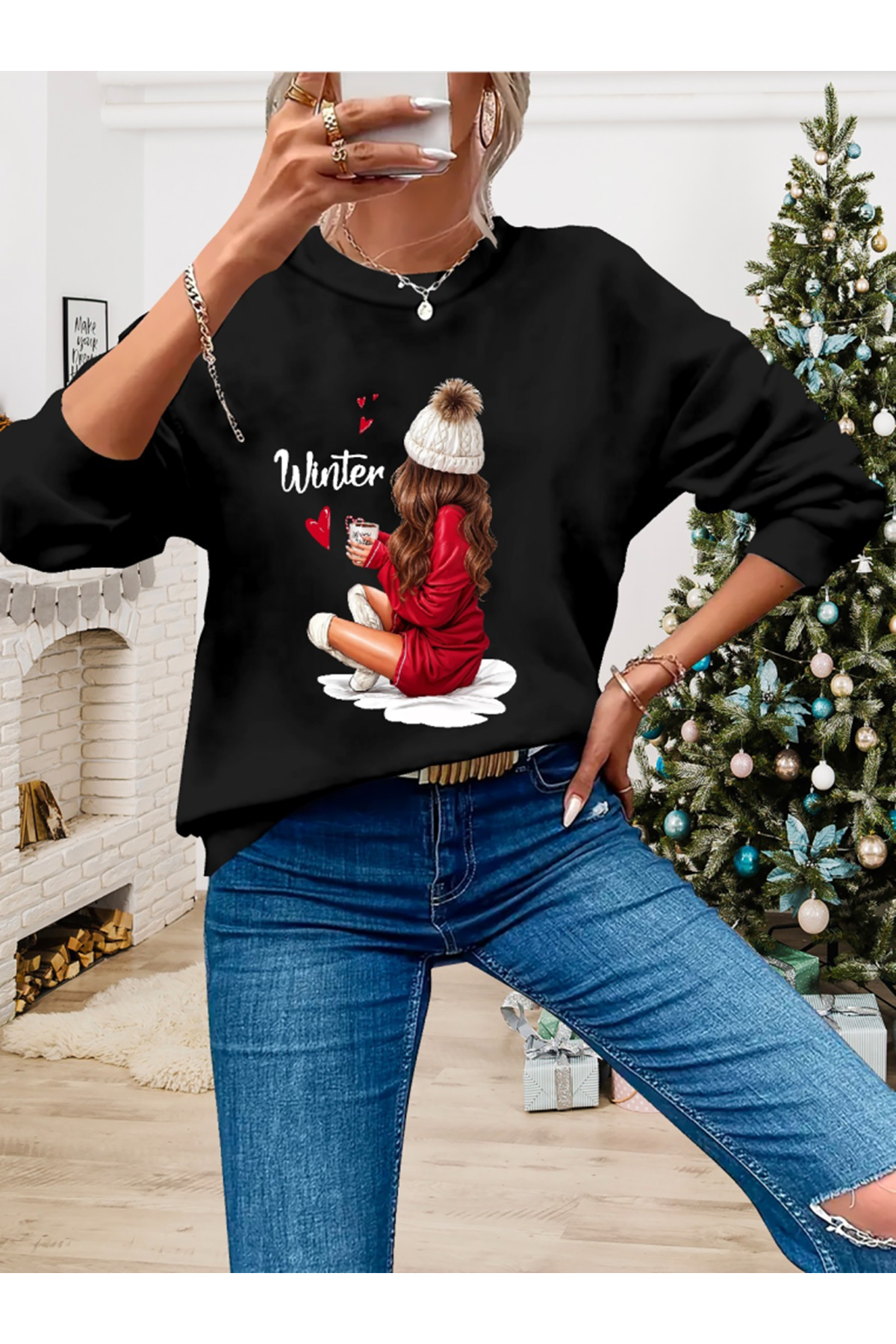 Kadın Yılbaşı Özel Uzun Kollu Bisiklet Yaka Desenli Viskon Iki Iplik Bluz