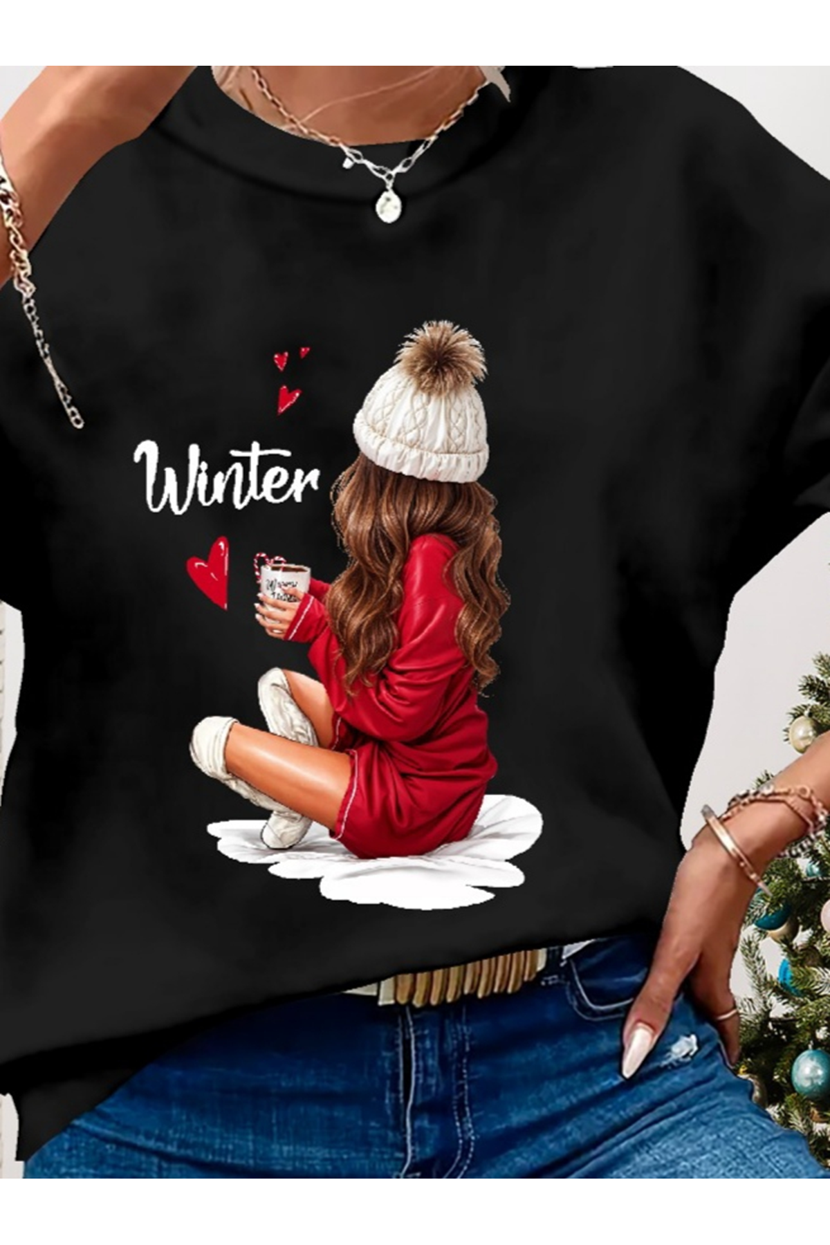 Kadın Yılbaşı Özel Uzun Kollu Bisiklet Yaka Desenli Viskon Iki Iplik Bluz