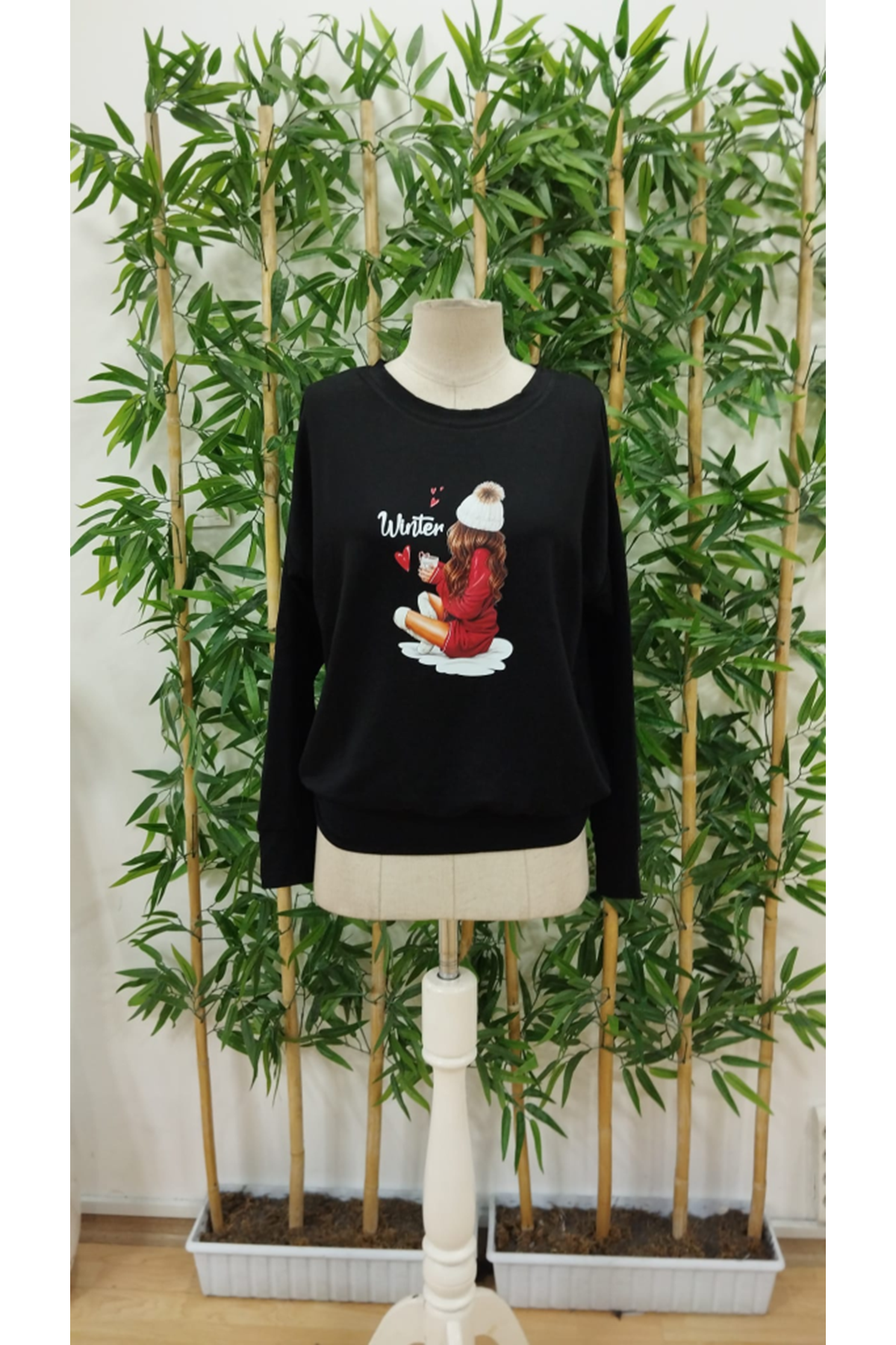 Kadın Yılbaşı Özel Uzun Kollu Bisiklet Yaka Desenli Viskon Iki Iplik Bluz