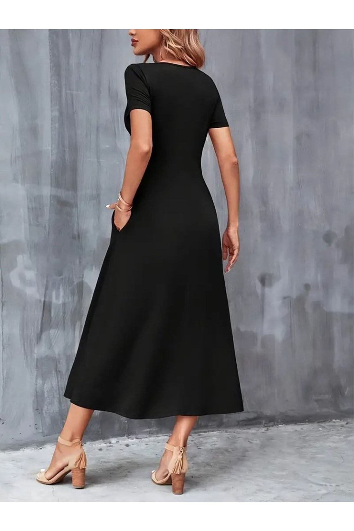 Kadın Kısa Kollu V Yakalı Cepli Viskon Elbise