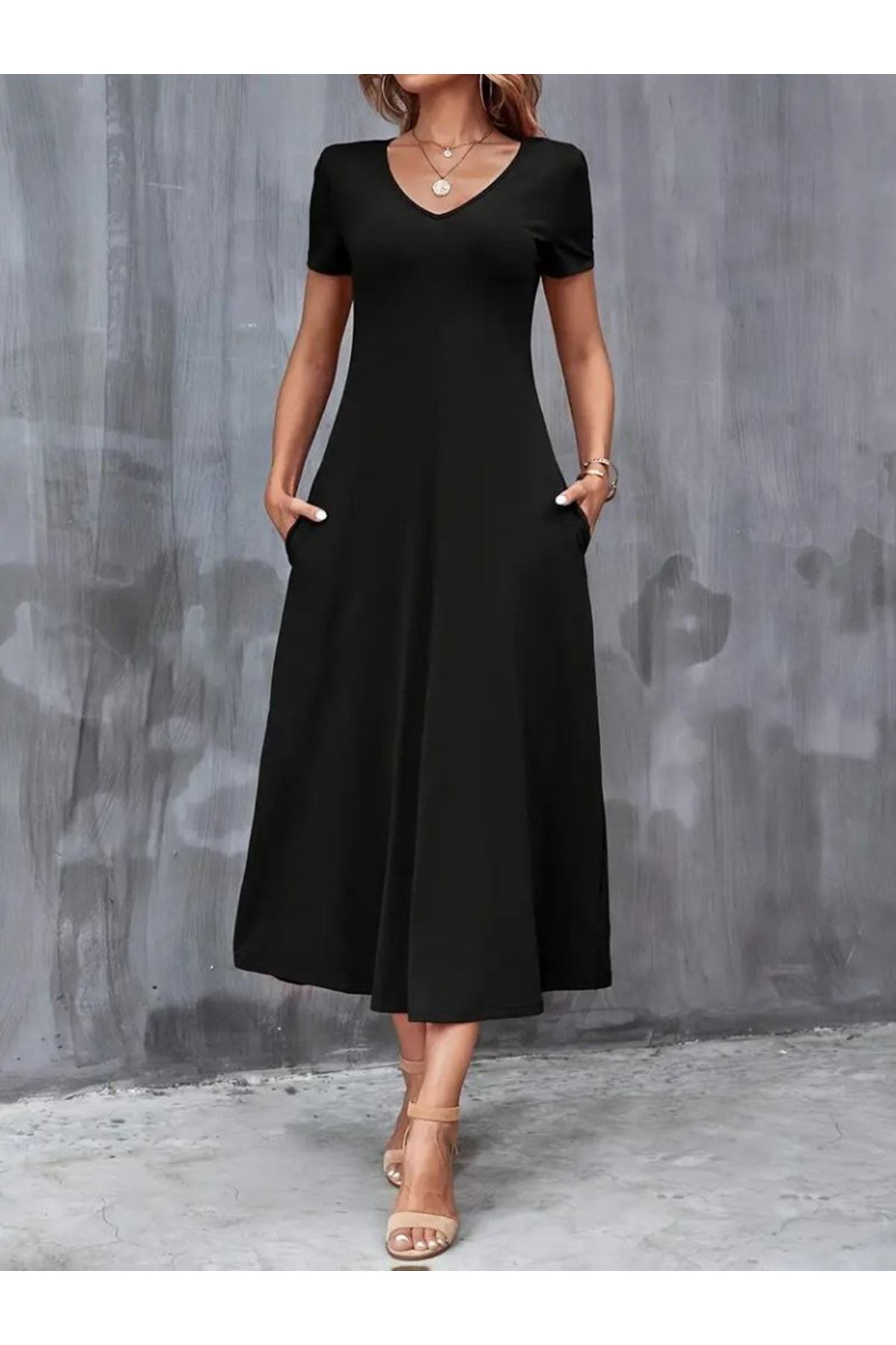 Kadın Kısa Kollu V Yakalı Cepli Viskon Elbise