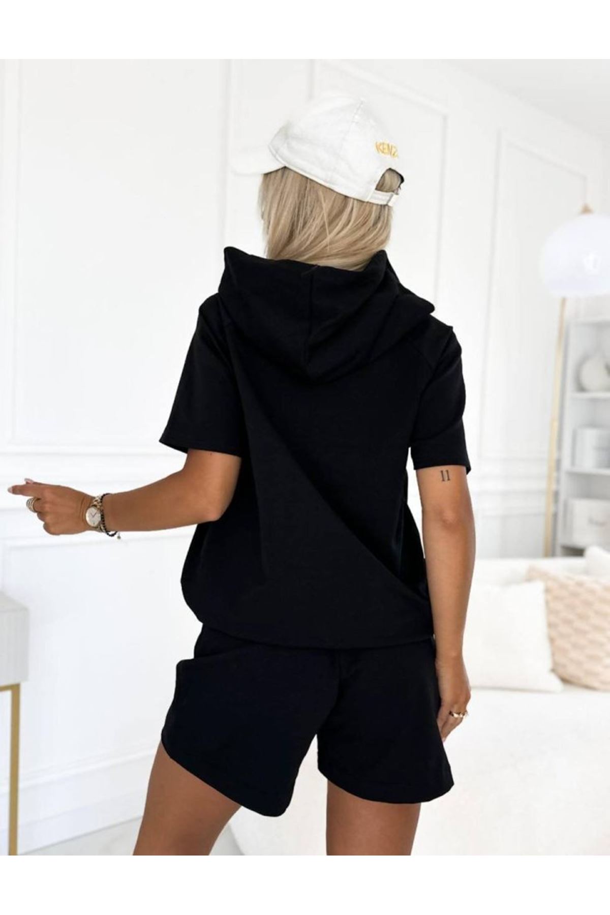 Kadın Iki Iplik Kumaş Alt şort üst Kapüşonlu Ikili Takım