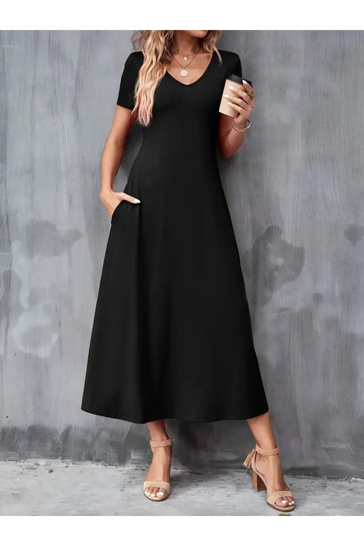 Kadın Kısa Kollu V Yakalı Cepli Viskon Elbise