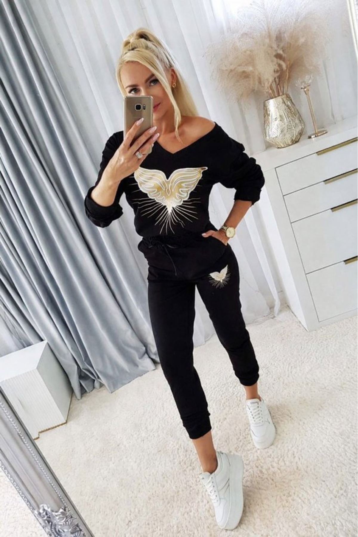 Kadın Uzun Kollu V Yakalı Desenli Viskon Iki Iplik Bluz Ve Pantolon Ikili Takım