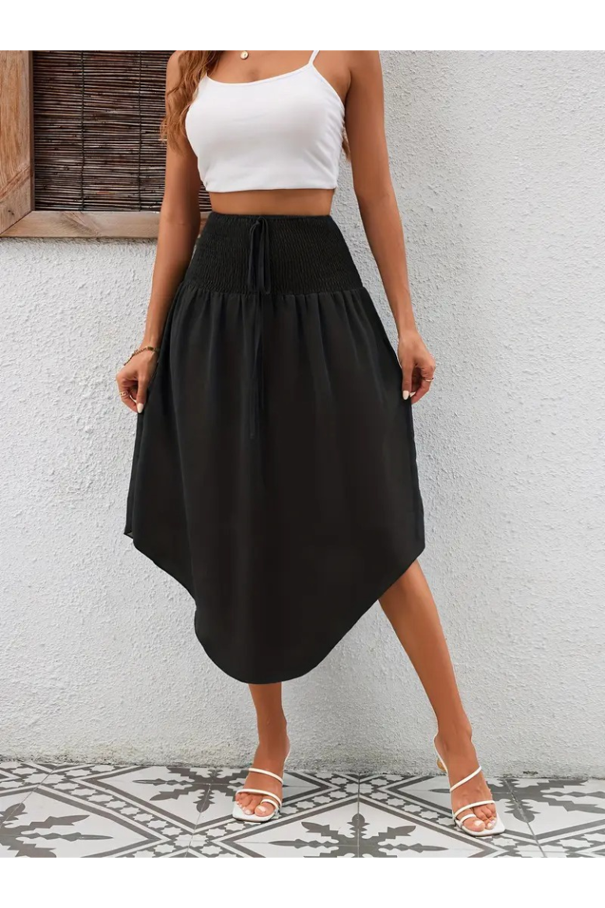 Kadın Yüksek Bel Belden Bağlamalı Asimetrik Kesim Detaylı Sandy Etek