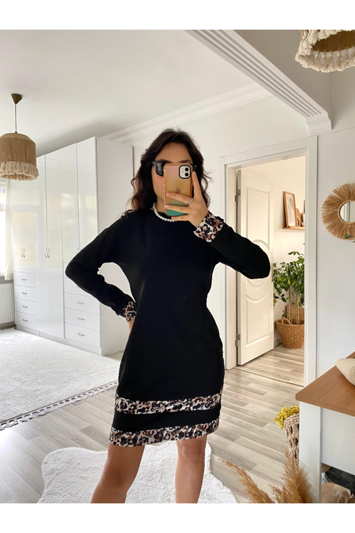 Kadın Uzun Kollu Bisiklet Yaka şerit Leopar Desenli Kısa Dalgıç Elbise