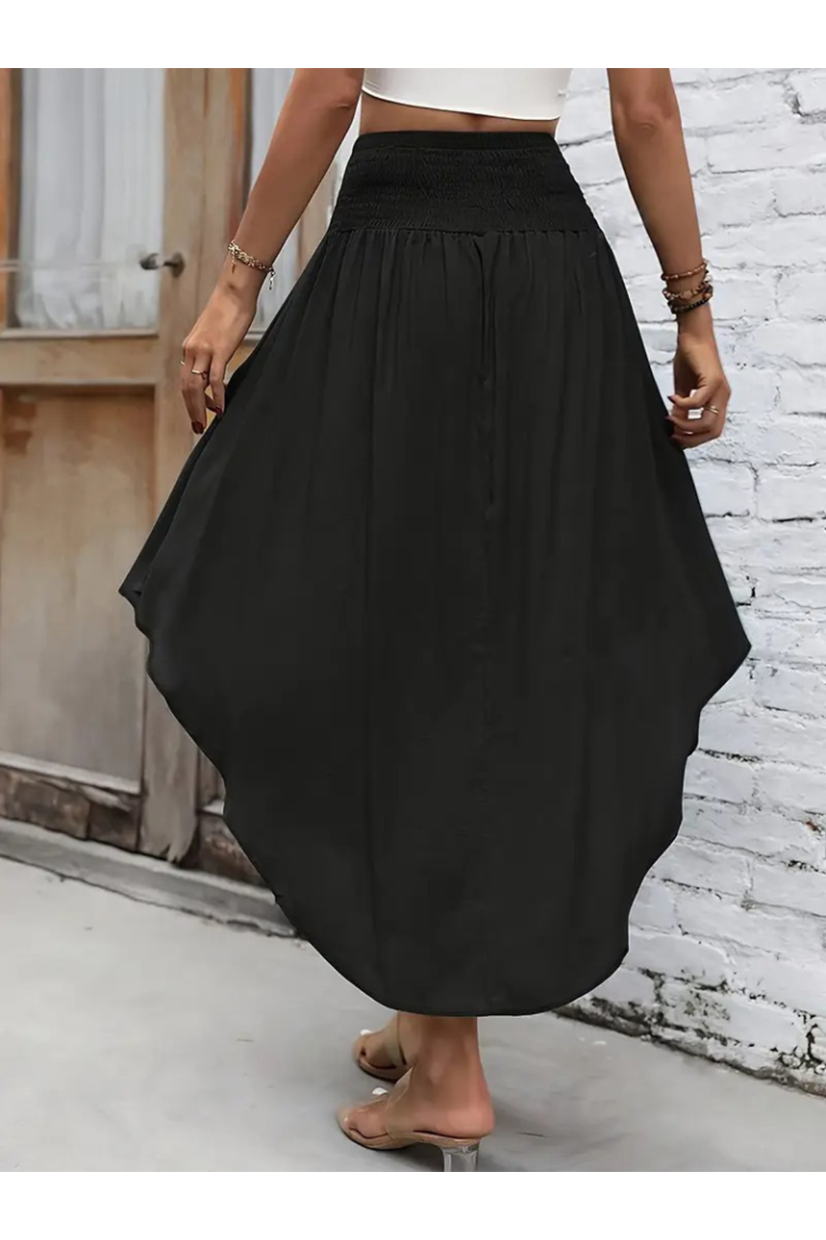 Kadın Yüksek Bel Belden Bağlamalı Asimetrik Kesim Detaylı Sandy Etek