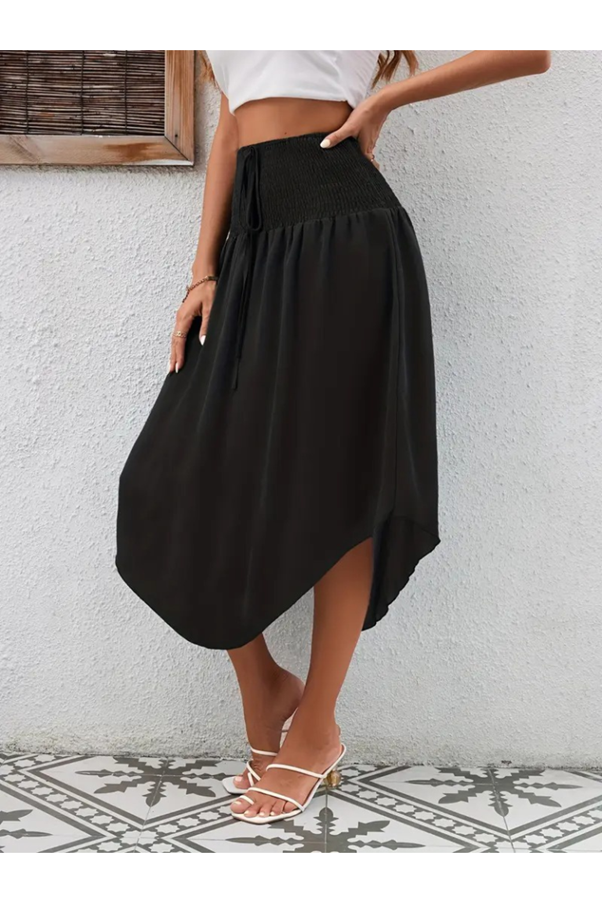 Kadın Yüksek Bel Belden Bağlamalı Asimetrik Kesim Detaylı Sandy Etek