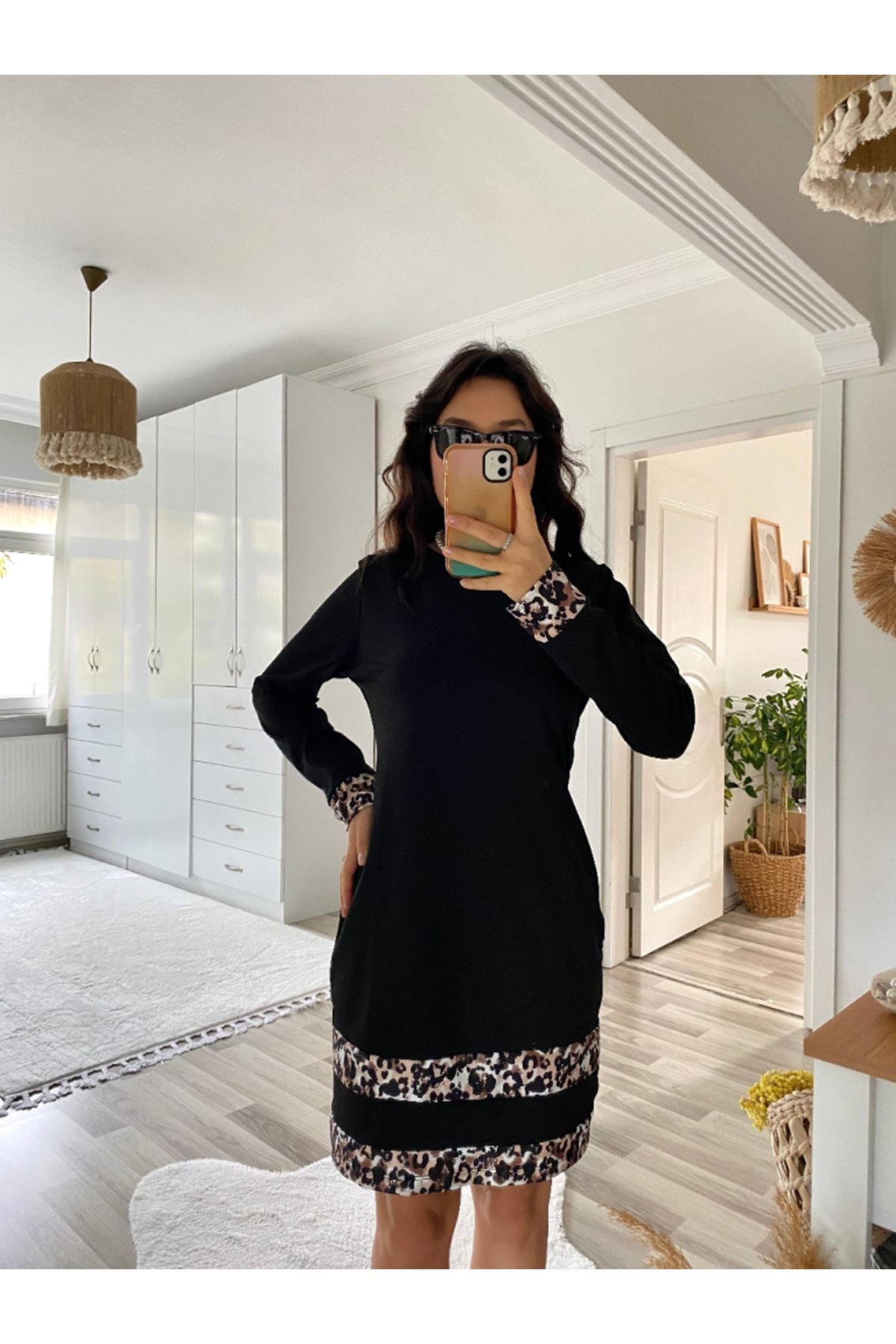 Kadın Uzun Kollu Bisiklet Yaka şerit Leopar Desenli Kısa Dalgıç Elbise