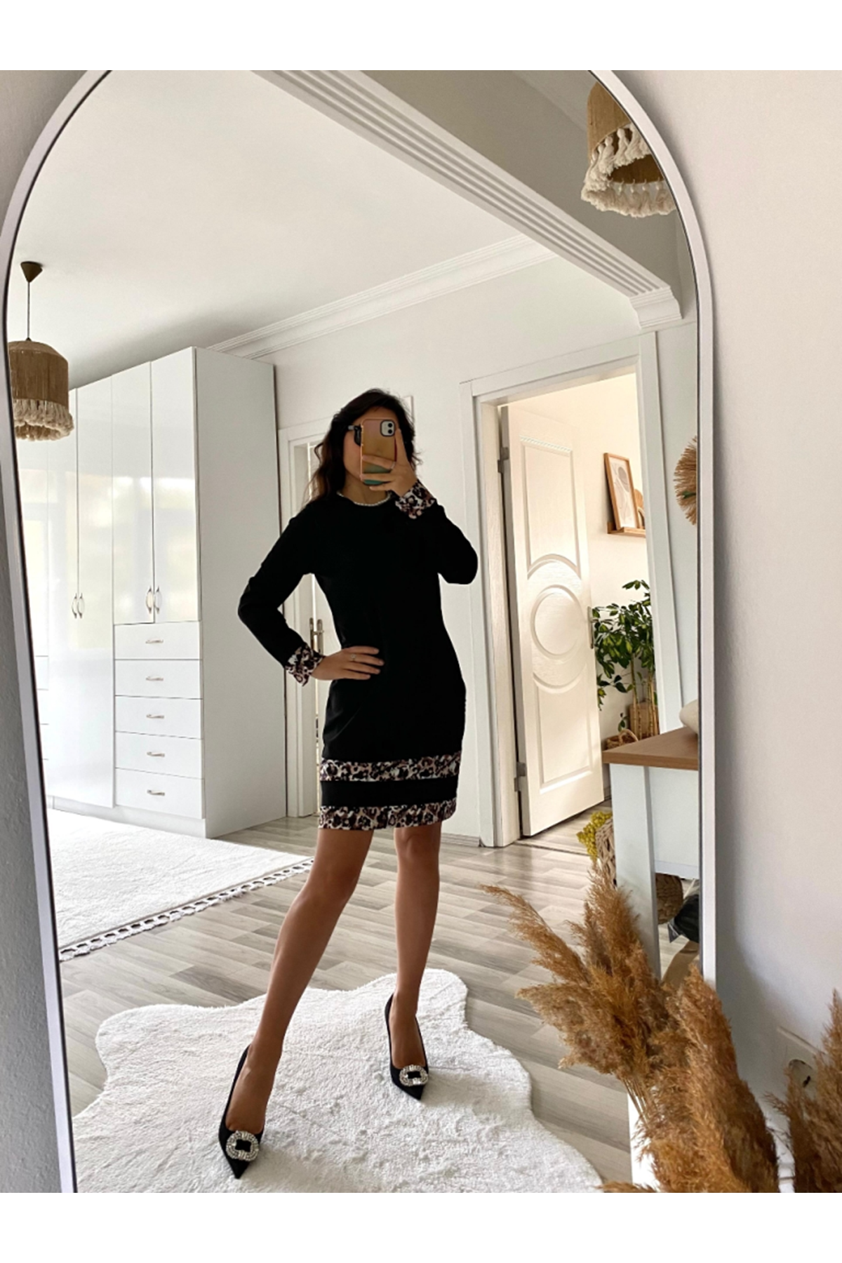 Kadın Uzun Kollu Bisiklet Yaka şerit Leopar Desenli Kısa Dalgıç Elbise