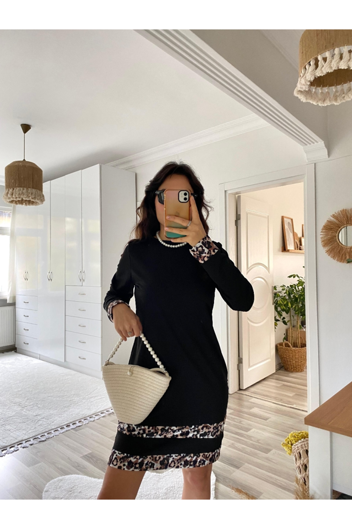 Kadın Uzun Kollu Bisiklet Yaka şerit Leopar Desenli Kısa Dalgıç Elbise