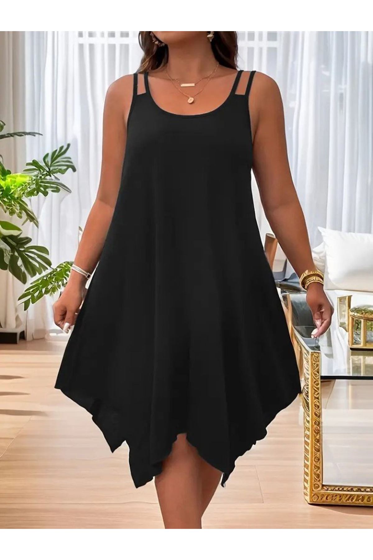 Kadın Askılı Yuvarlak Asimetrik Kesim Detaylı Viskon Elbise