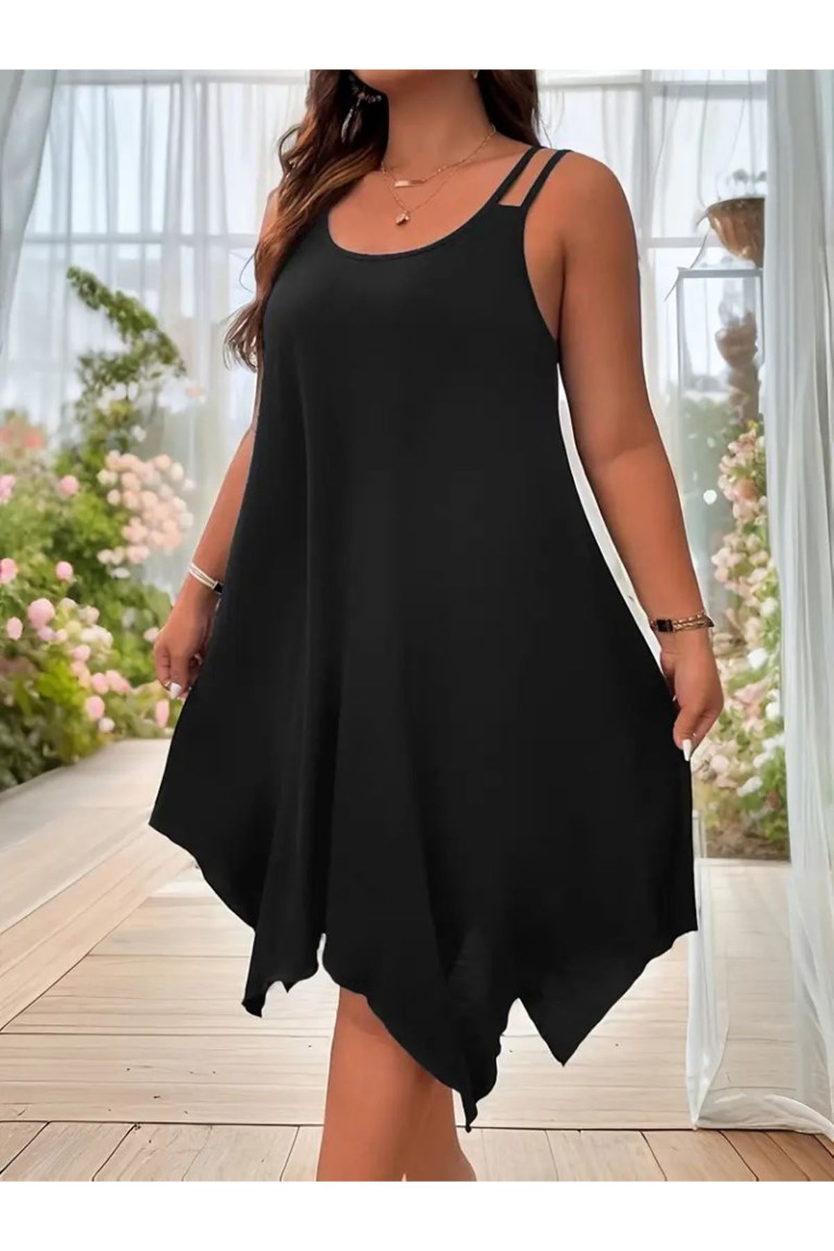 Kadın Askılı Yuvarlak Asimetrik Kesim Detaylı Viskon Elbise