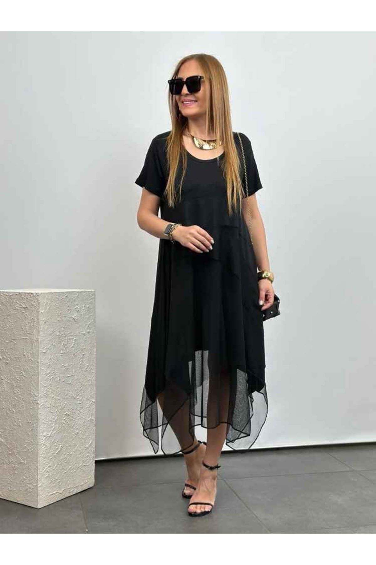 Kadın Viskon Kumaş Tül Detaylı Asimetrik Elbise
