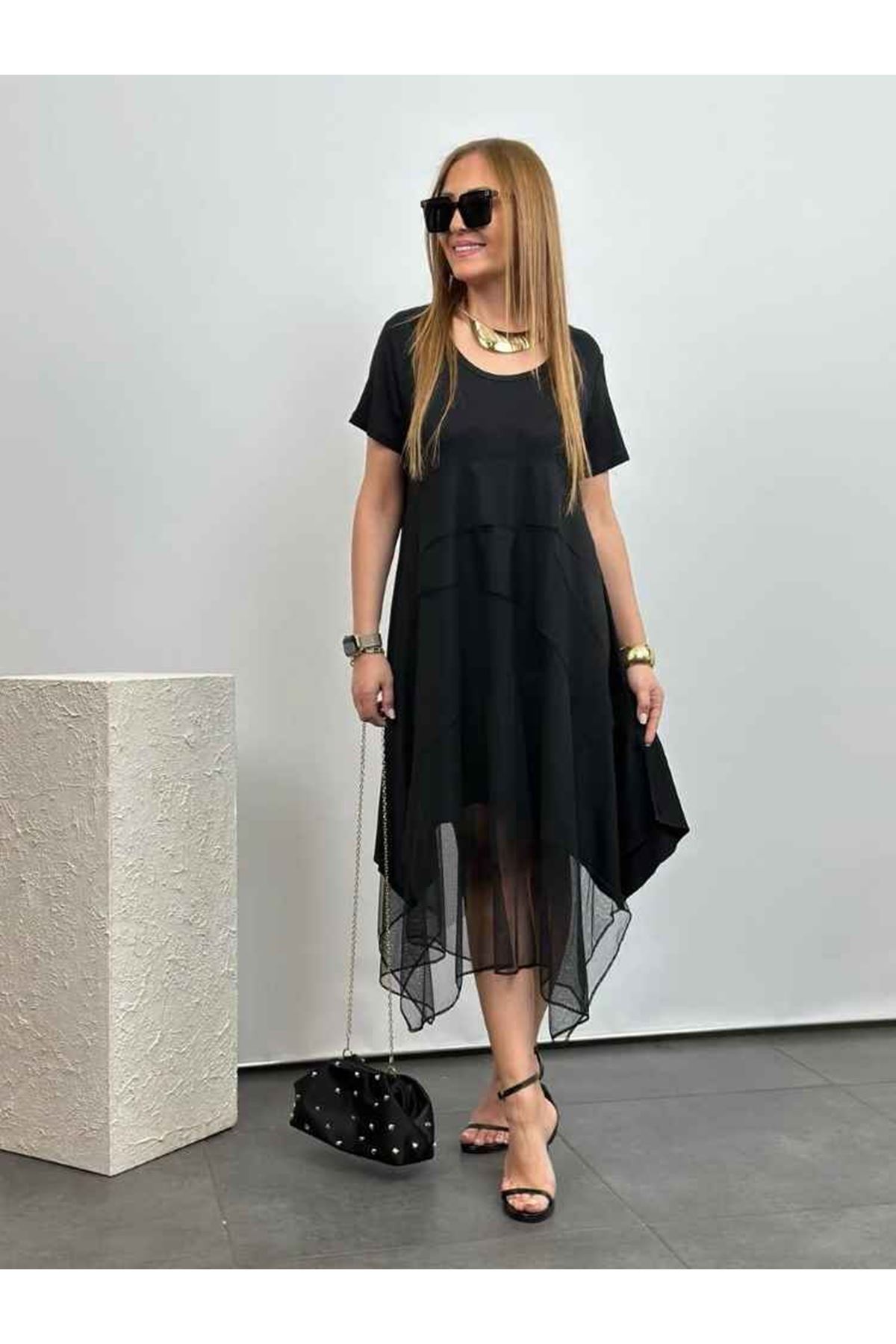 Kadın Viskon Kumaş Tül Detaylı Asimetrik Elbise