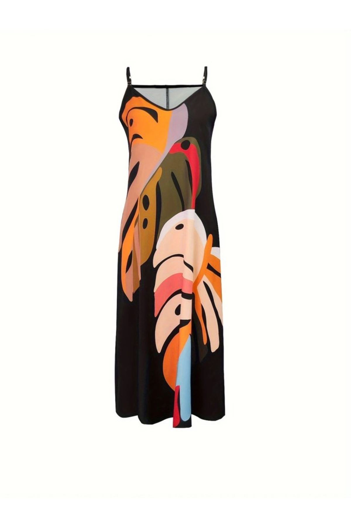 Kadın Ip Askılı V Yakalı Desenli Süprem Maxi Elbise