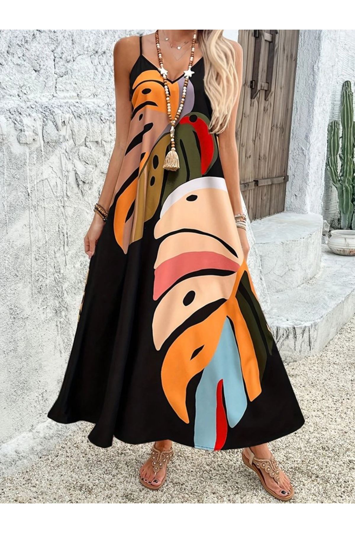 Kadın Ip Askılı V Yakalı Desenli Süprem Maxi Elbise
