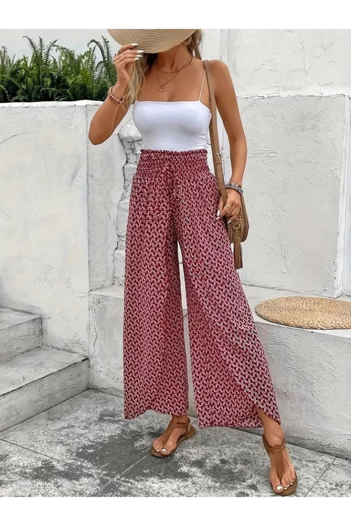 Kadın Yüksek Bel Lastikli önden Iki Parçalı Desenli Bürümcük Pantolon