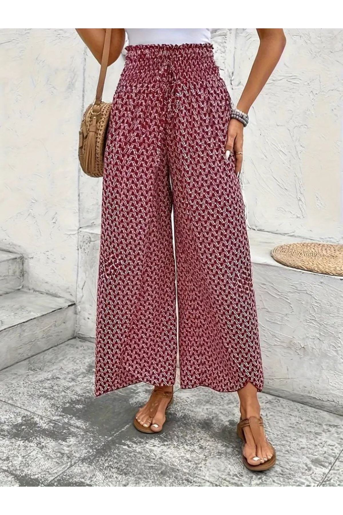 Kadın Yüksek Bel Lastikli önden Iki Parçalı Desenli Bürümcük Pantolon