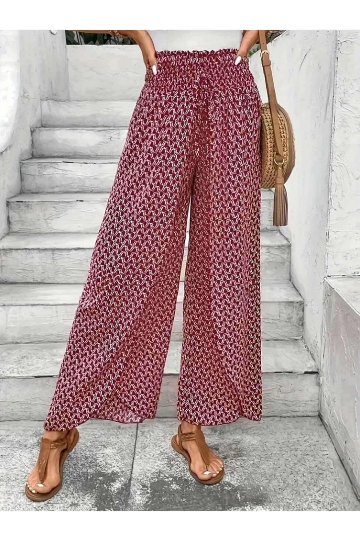 Kadın Yüksek Bel Lastikli önden Iki Parçalı Desenli Bürümcük Pantolon