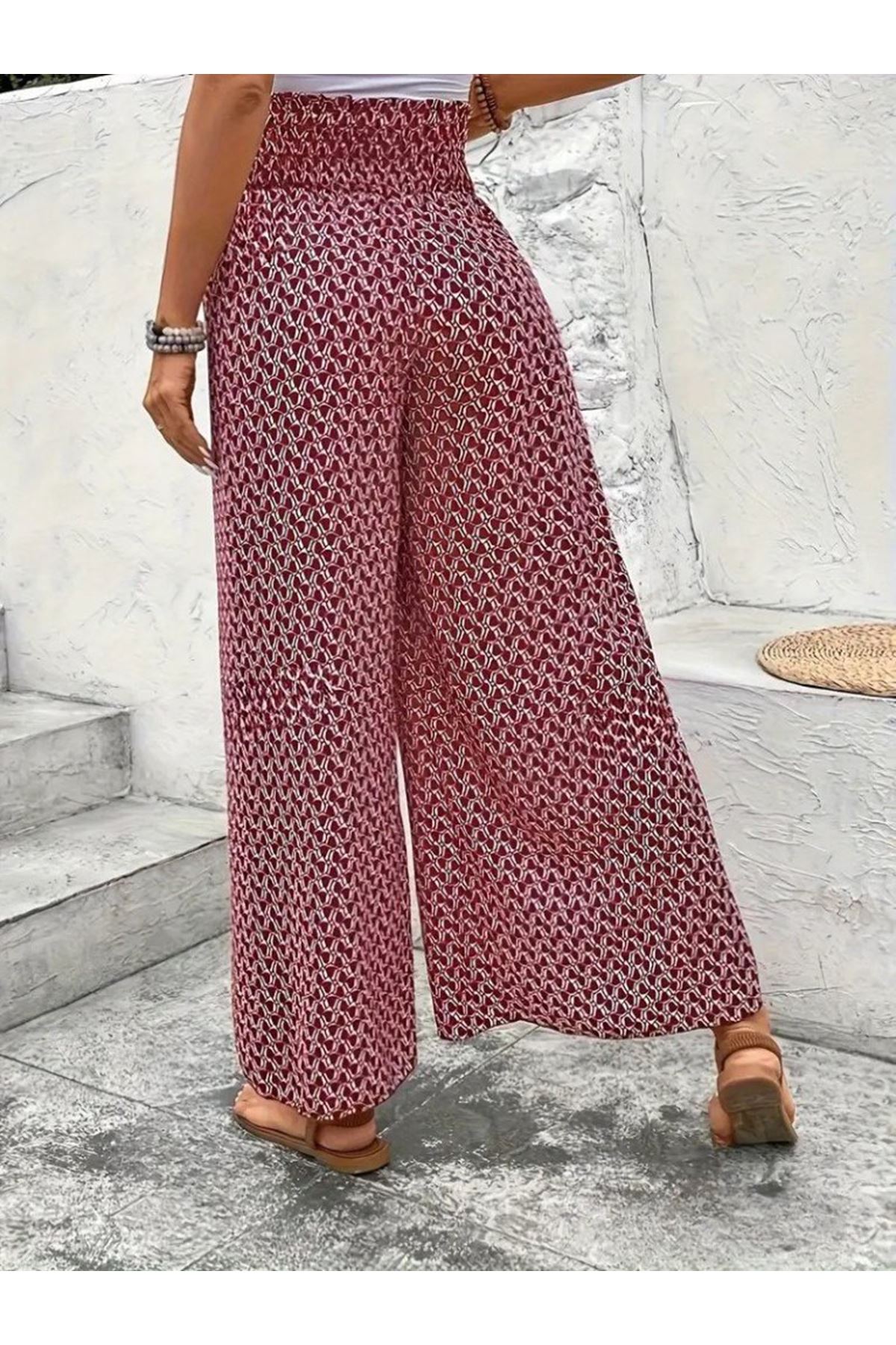 Kadın Yüksek Bel Lastikli önden Iki Parçalı Desenli Bürümcük Pantolon