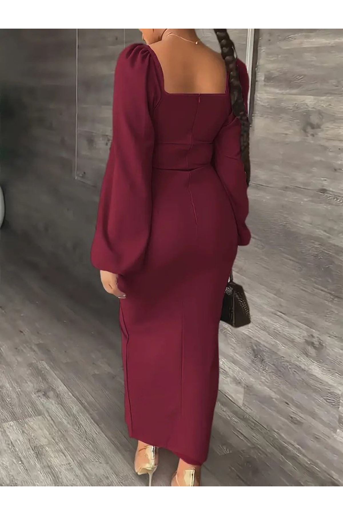 Kadın Uzun Kollu Geometrik Yakalı Yandan Yırtmaçlı Uzun Janjan Krep Elbise