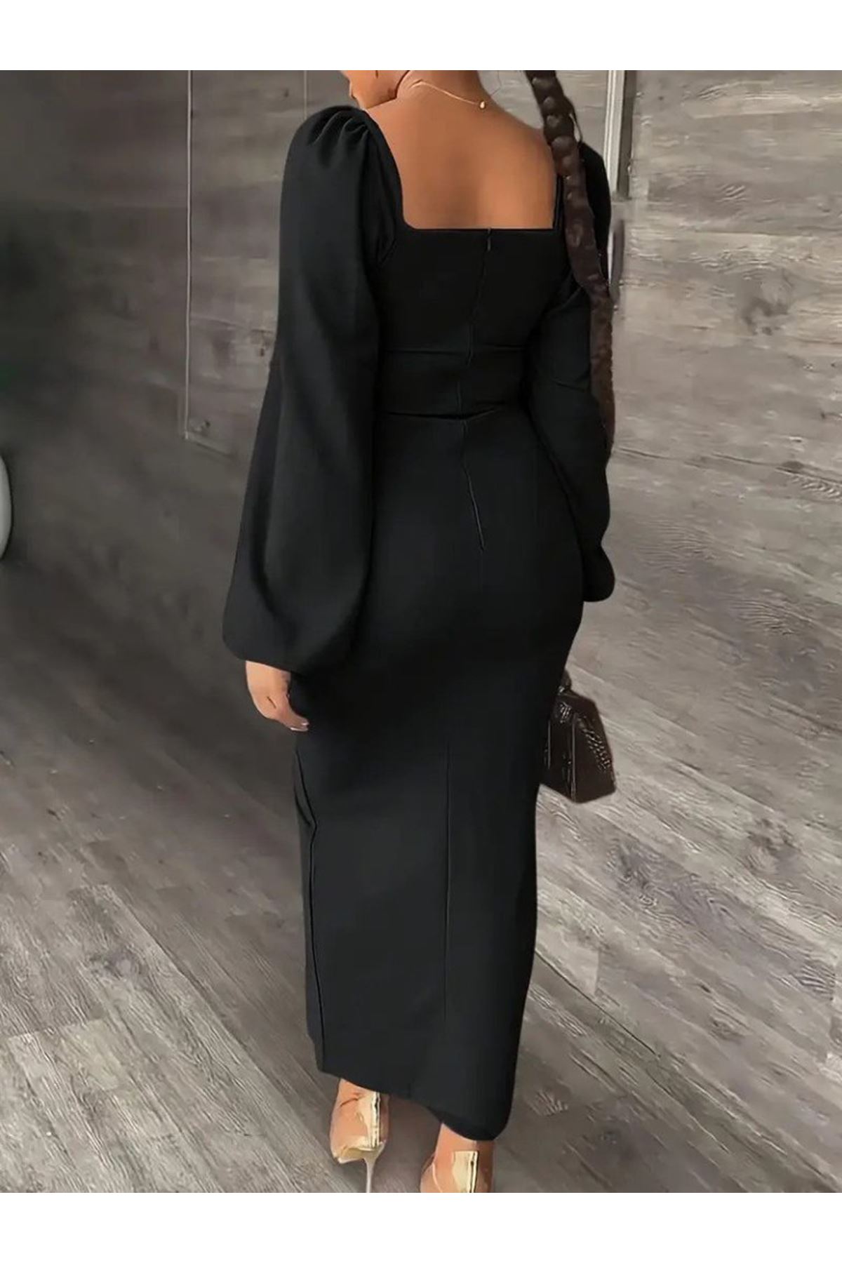 Kadın Uzun Kollu Geometrik Yakalı Yandan Yırtmaçlı Uzun Janjan Krep Elbise