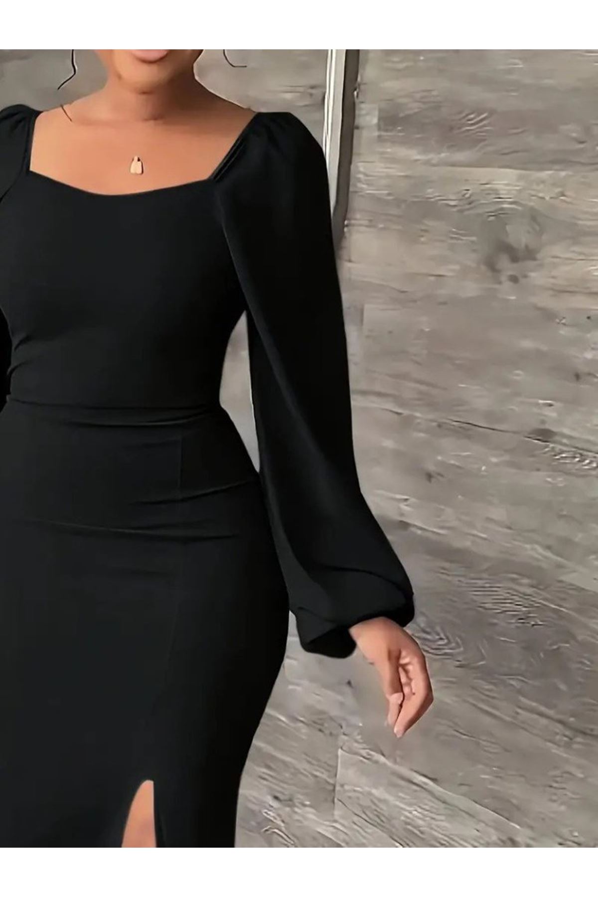 Kadın Uzun Kollu Geometrik Yakalı Yandan Yırtmaçlı Uzun Janjan Krep Elbise