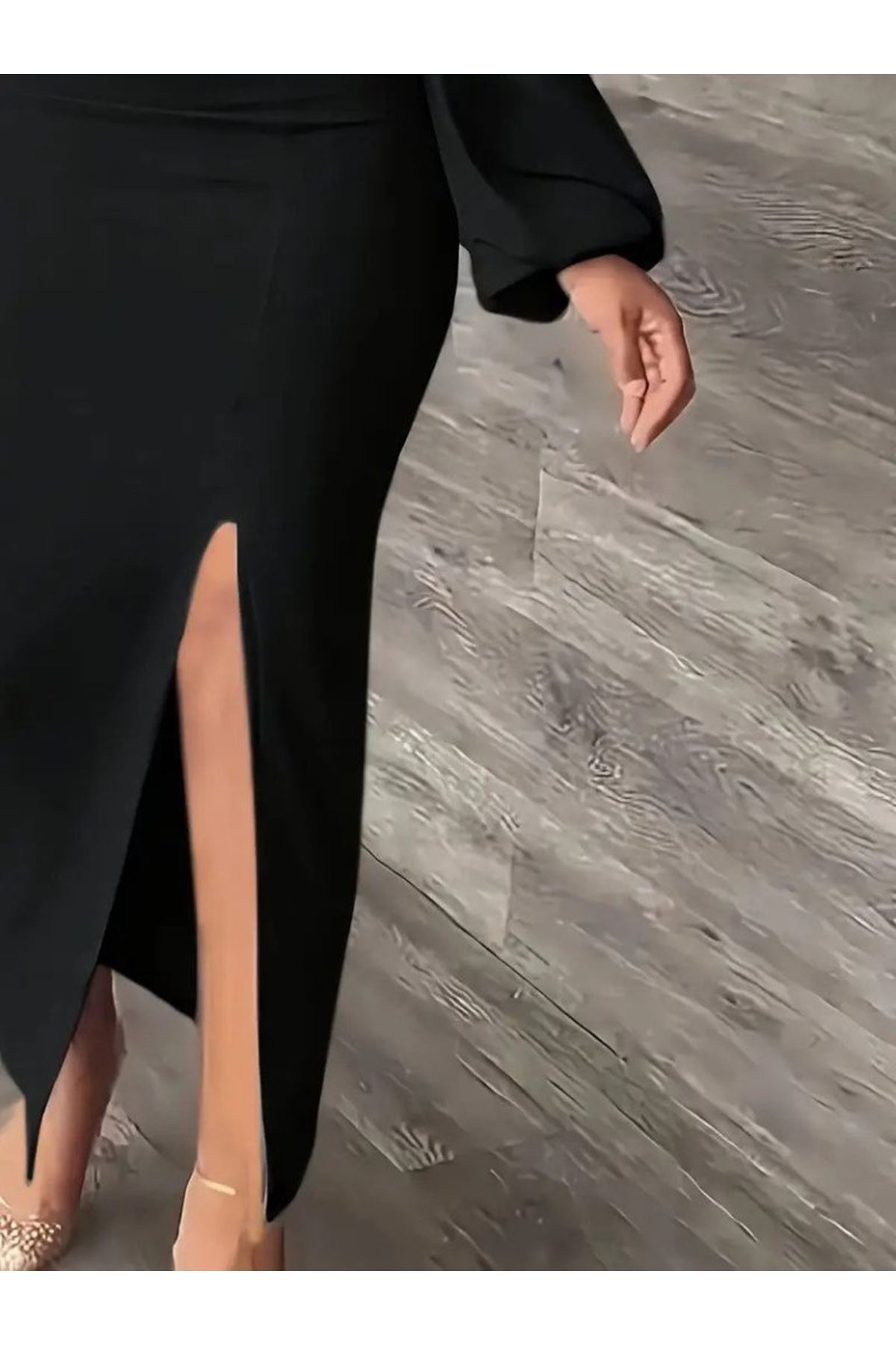 Kadın Uzun Kollu Geometrik Yakalı Yandan Yırtmaçlı Uzun Janjan Krep Elbise