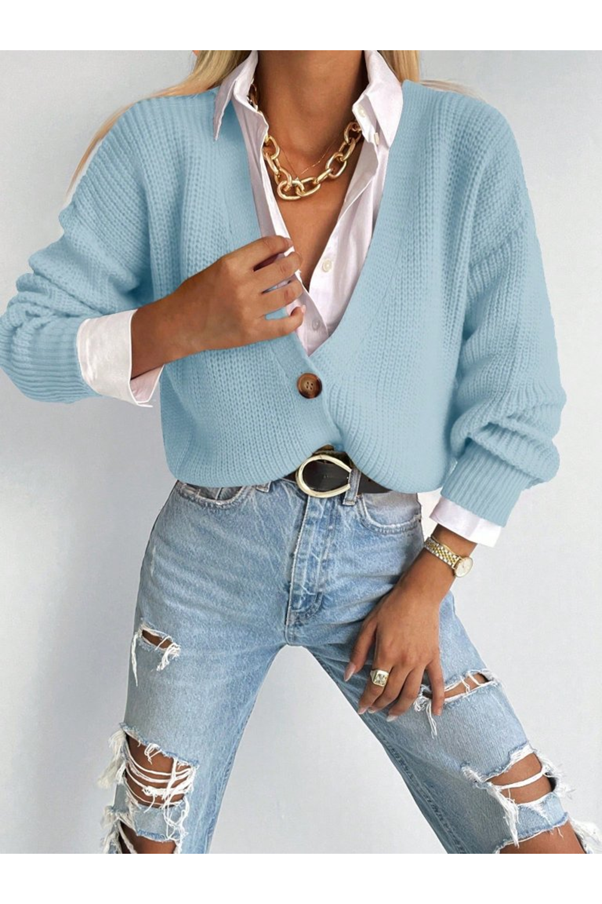 Düğme Detay Triko Bluz