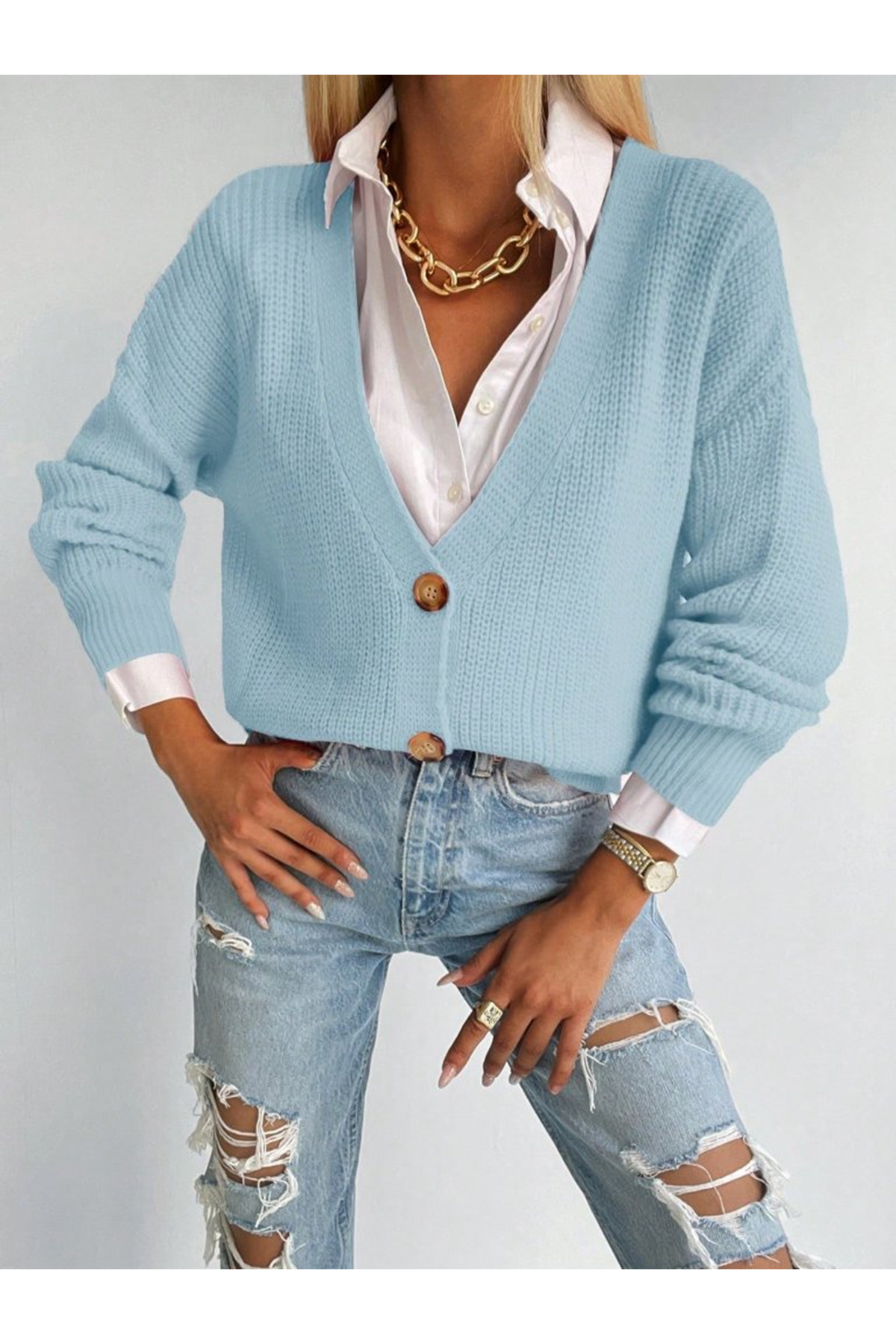 Düğme Detay Triko Bluz