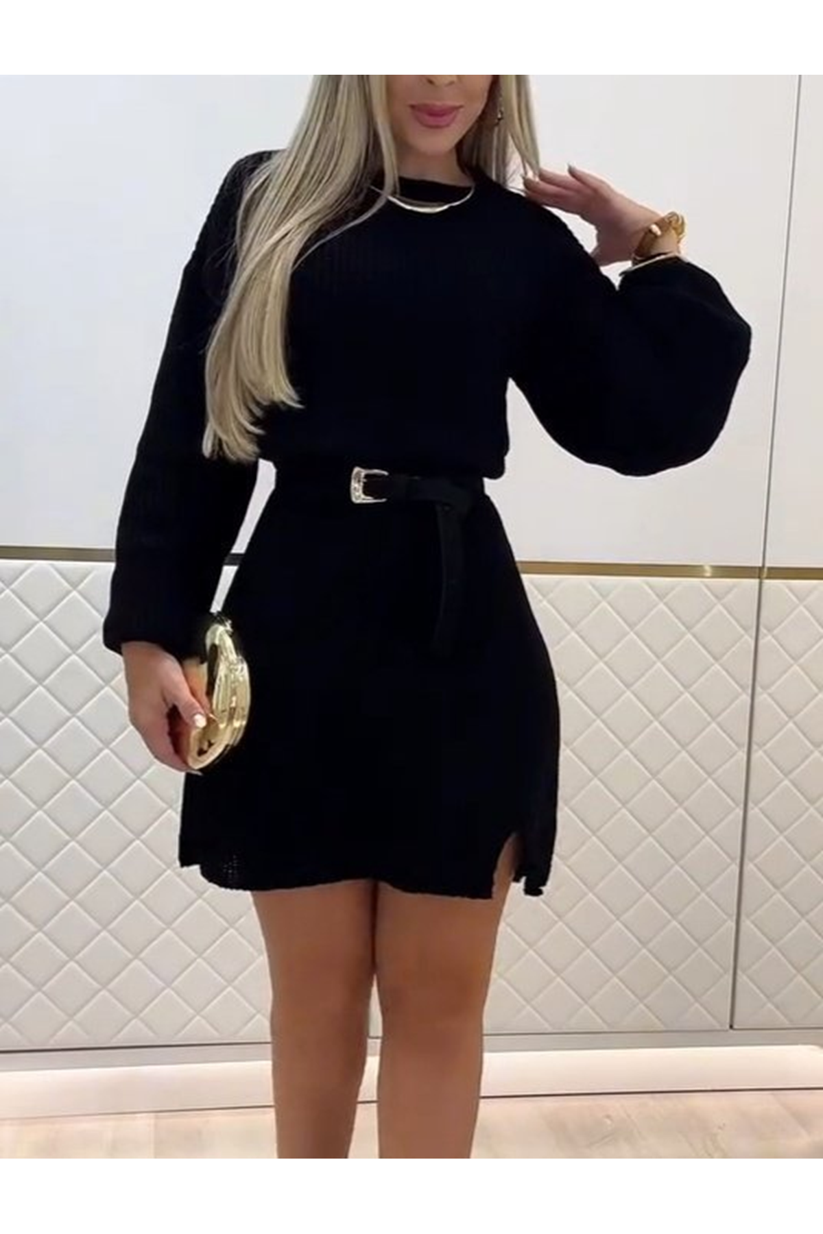 Kadın Uzun Kollu Yuvarlak Yakalı Kısa Triko Elbise