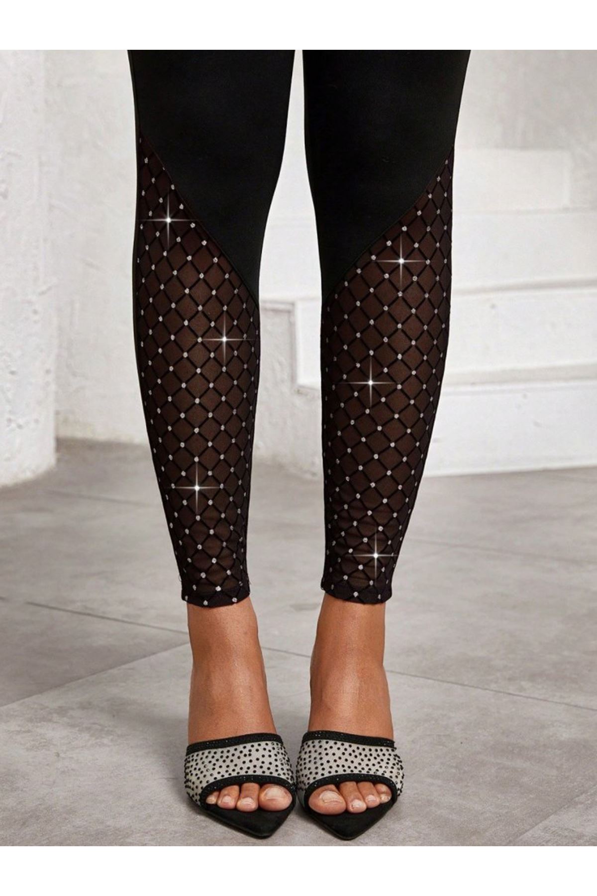 Kadın Yüksek Bel ışıltılı Tül Geometrik Detaylı Dalgıç Tayt