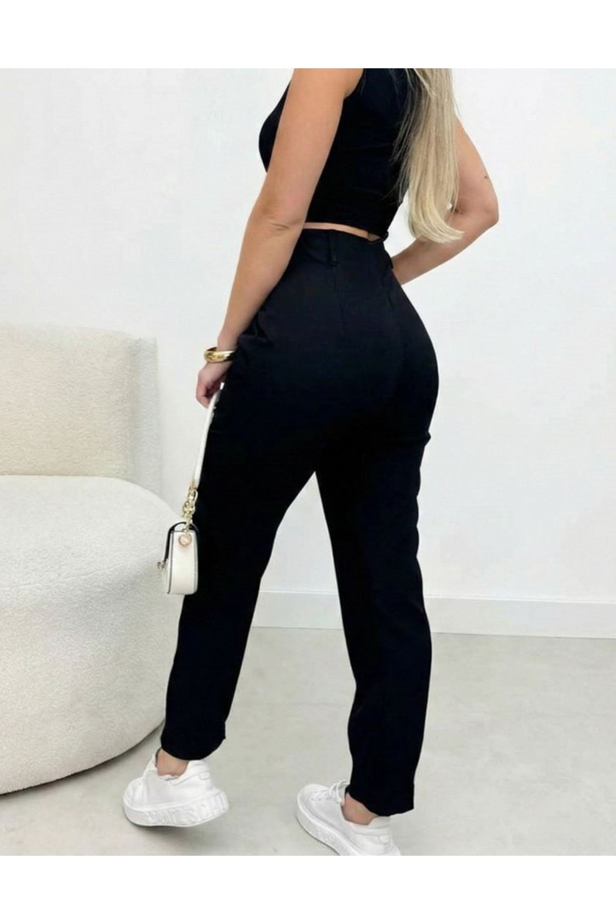 Kadın Yüksek Bel Cepli Paça Ağzı Pile Detaylı Ithal Krep Pantolon