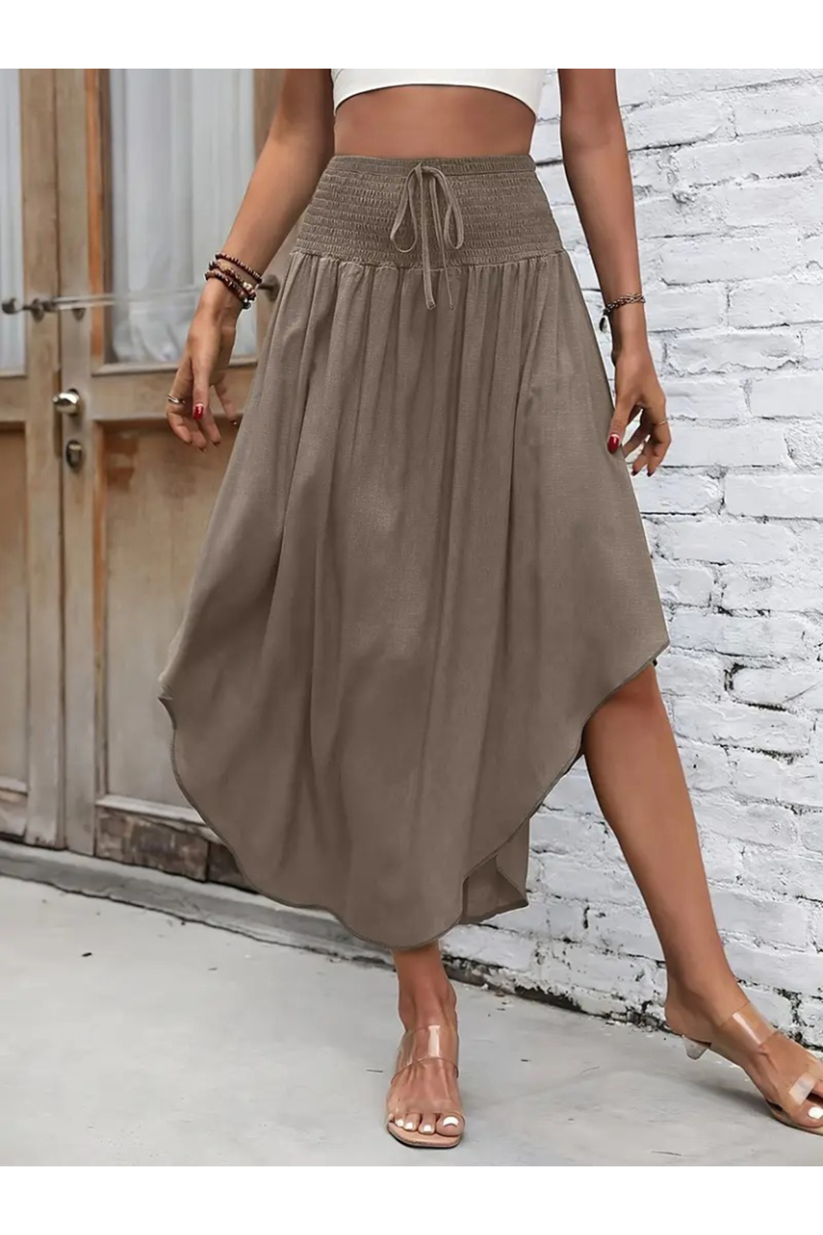 Kadın Yüksek Bel Belden Bağlamalı Asimetrik Kesim Detaylı Sandy Etek