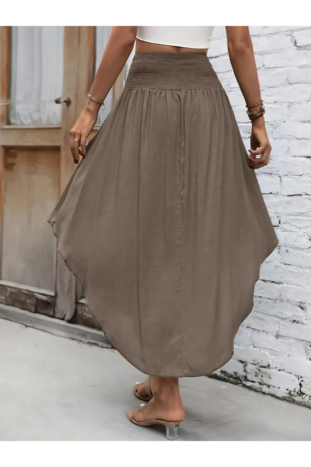 Kadın Yüksek Bel Belden Bağlamalı Asimetrik Kesim Detaylı Sandy Etek