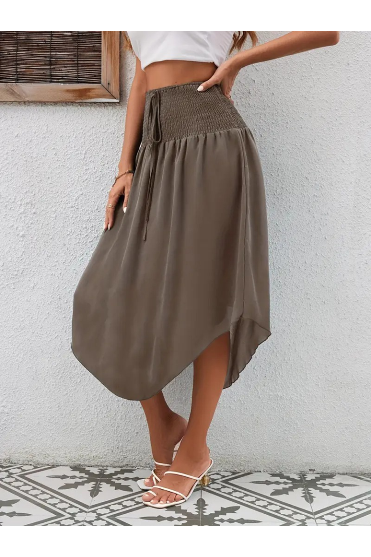 Kadın Yüksek Bel Belden Bağlamalı Asimetrik Kesim Detaylı Sandy Etek