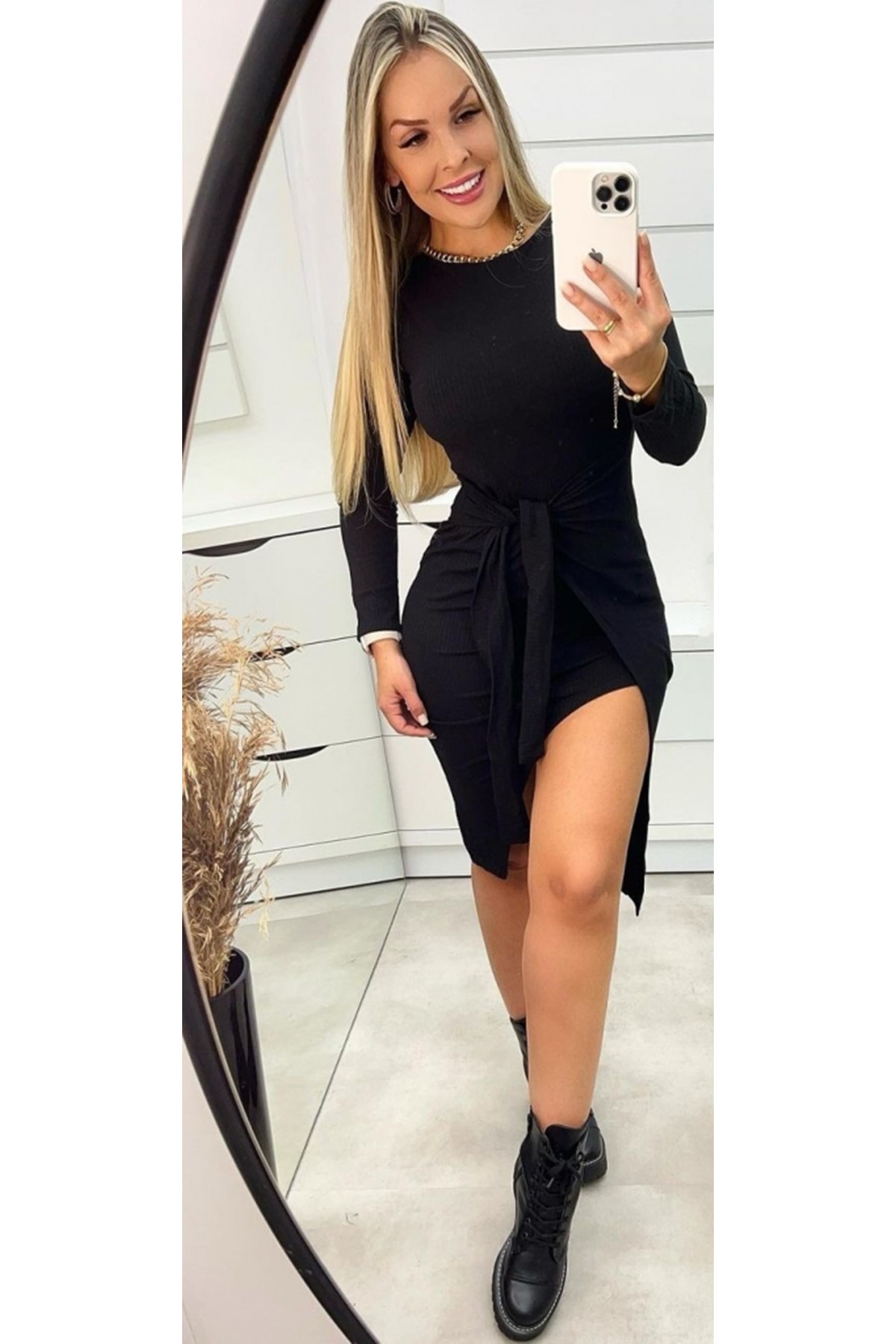 Kadın Uzun Kollu Bisiklet Yaka Kuşaklı Kruvaze Yırtmaç Detay Viskon Elbise