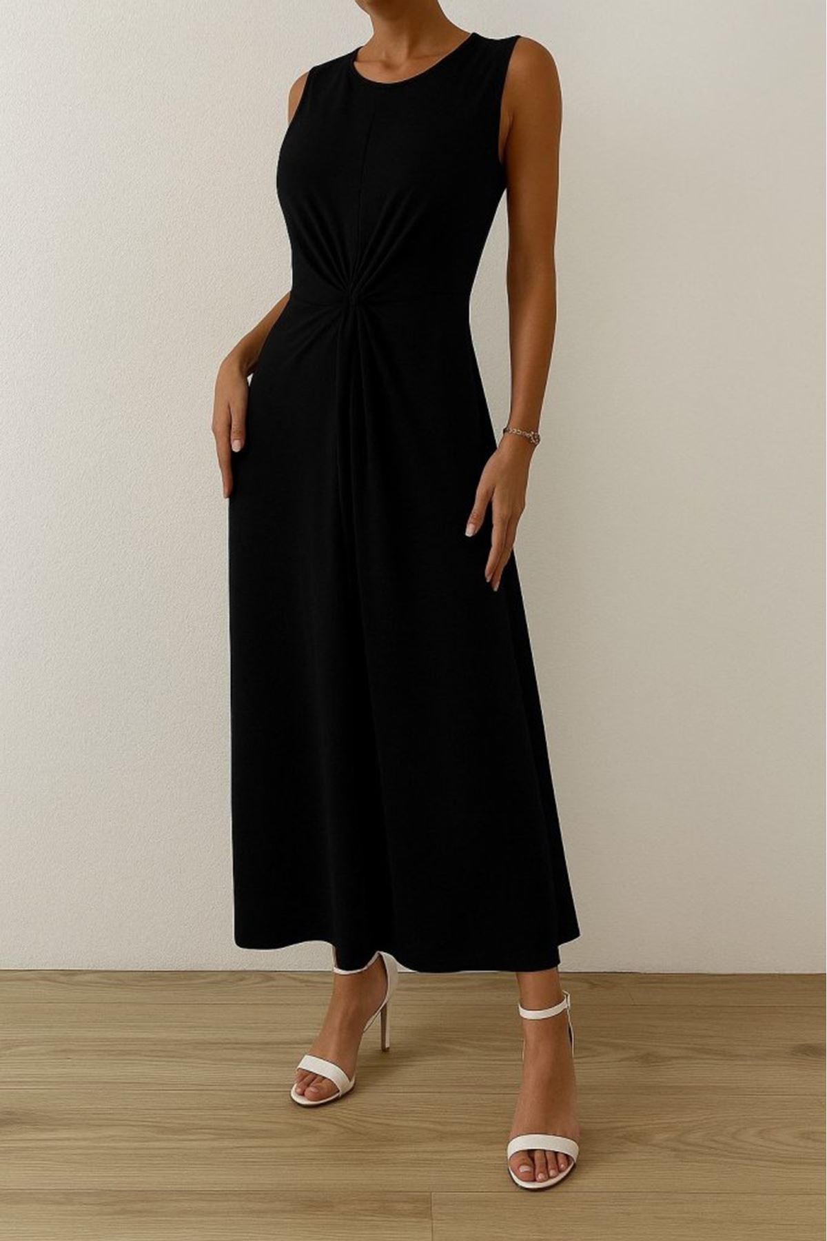 Kadın Sıfır Kollu Bisiklet Yaka Yandan Büzgü Detaylı Viskon Elbise