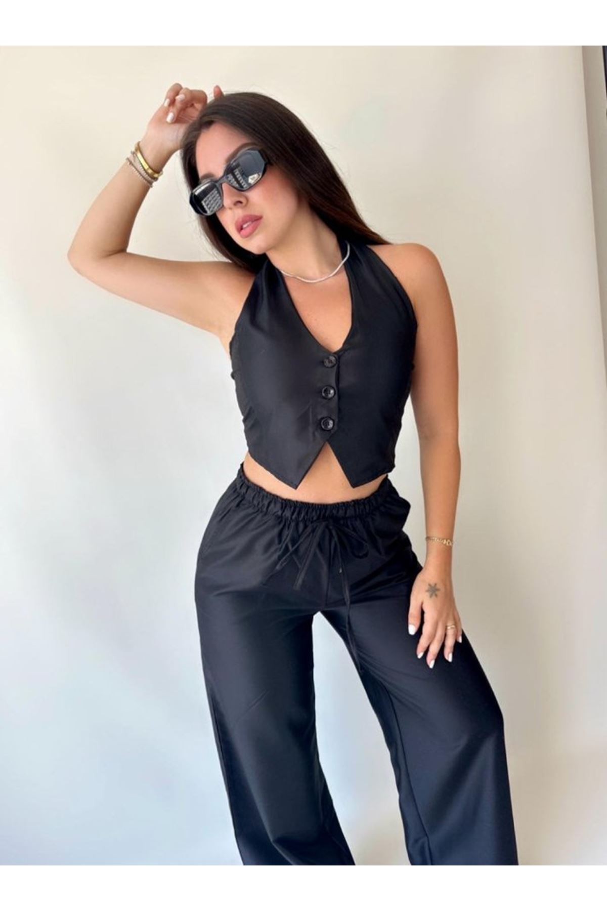 Kadın Gabardin Kumaş Boyundan Bağlamalı Yelek Bluz Salaş Pantolon İkili Takım