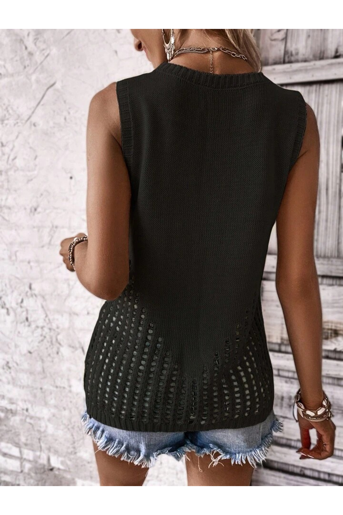 Kadın Sıfır Kol Bisiklet Yaka Yanları Ajur Detay Triko Bluz