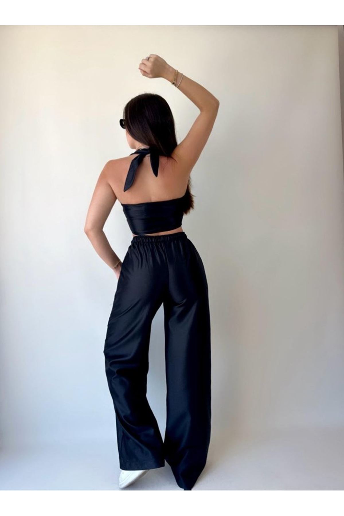 Kadın Gabardin Kumaş Boyundan Bağlamalı Yelek Bluz Salaş Pantolon İkili Takım