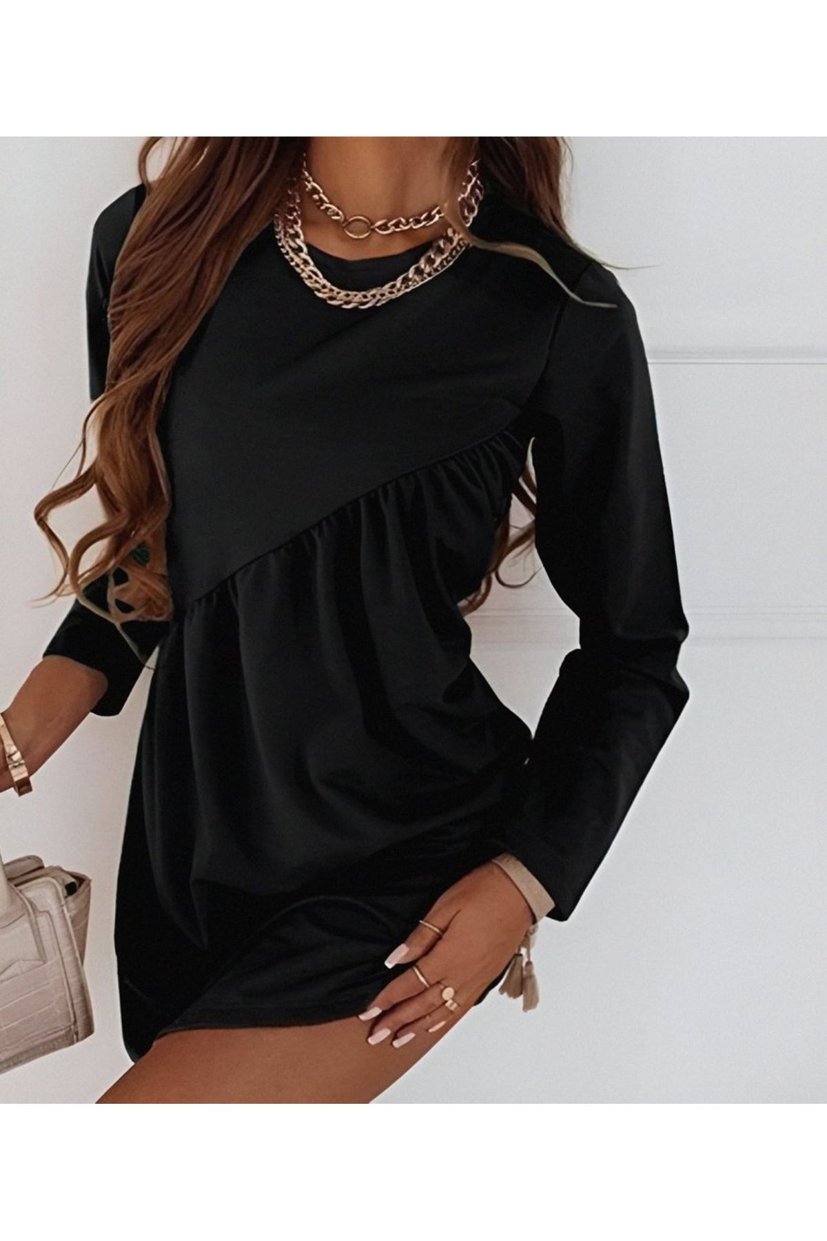 Kadın Uzun Kollu Bisiklet Yaka çapraz Büzgü Detay Iki Iplik Mini Boy Elbise