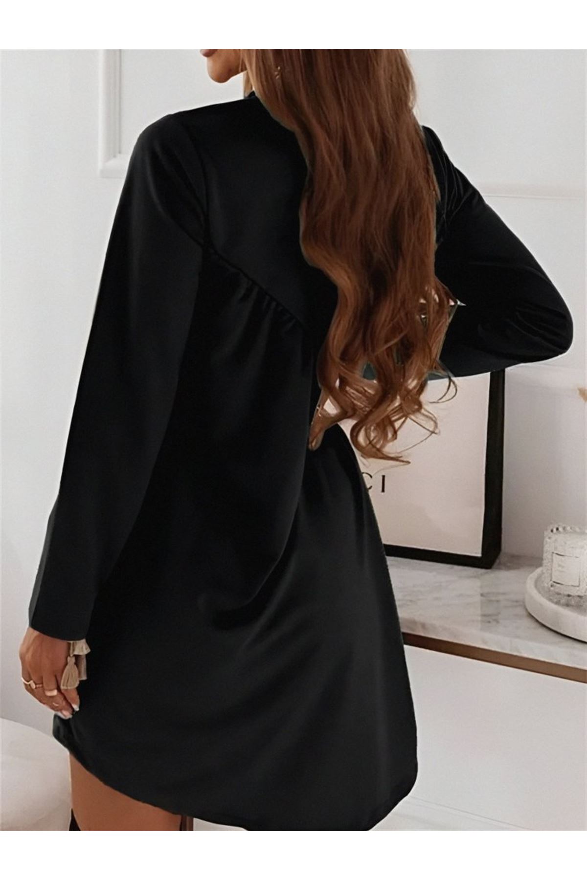 Kadın Uzun Kollu Bisiklet Yaka çapraz Büzgü Detay Iki Iplik Mini Boy Elbise