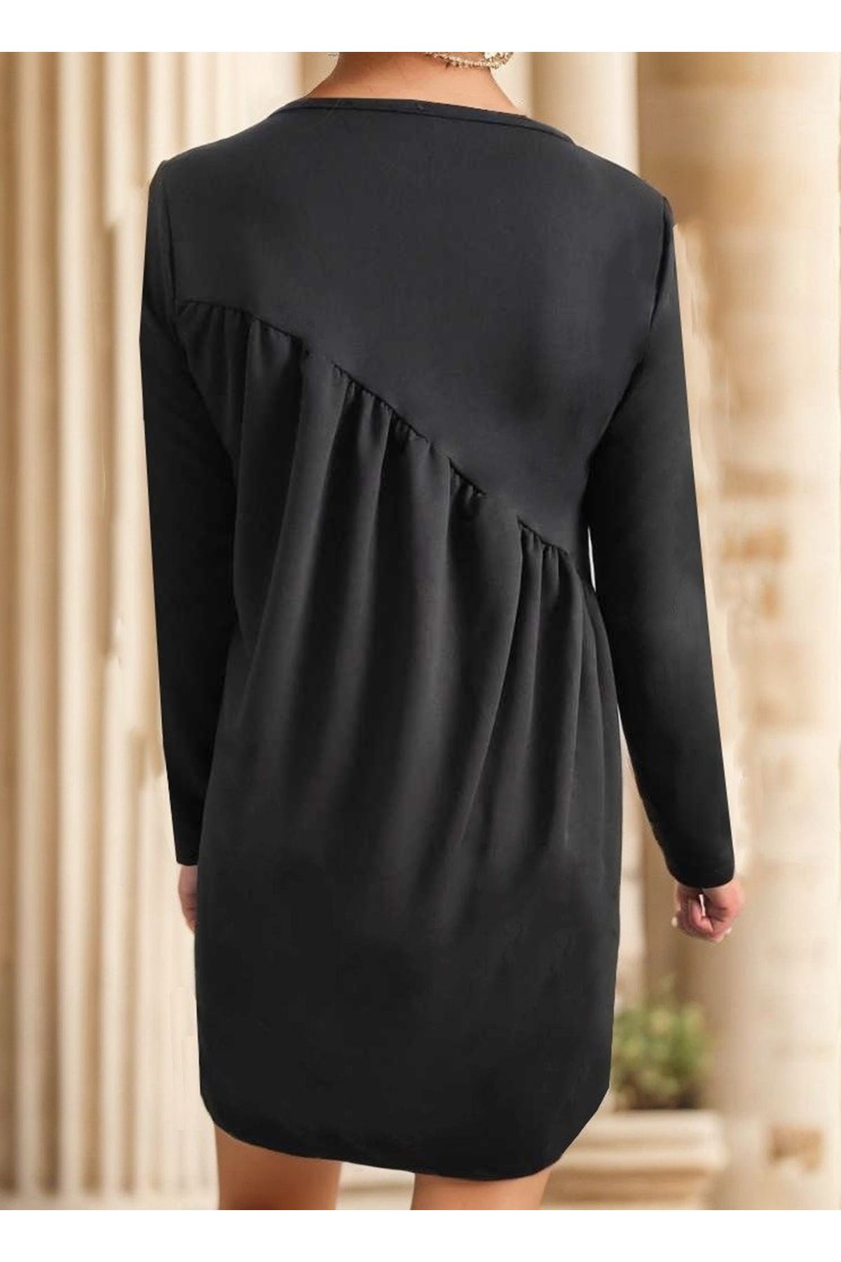 Kadın Uzun Kollu Bisiklet Yaka çapraz Büzgü Detay Iki Iplik Mini Boy Elbise
