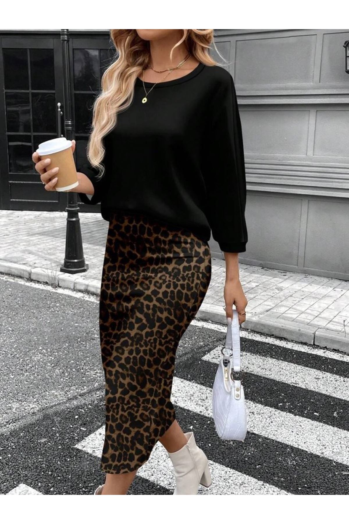 Kadın Uzun Kollu Bisiklet Yaka Modal Bluz Ve Leopar Desenli Etek Ikili Takım