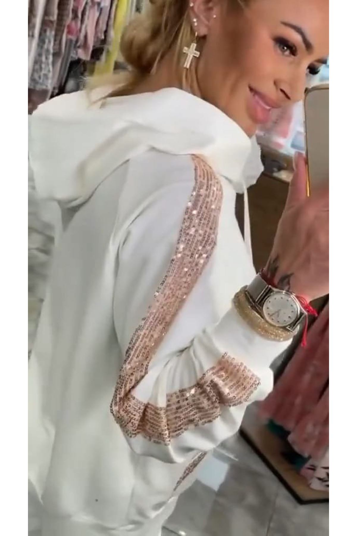 Kadın Uzun Kollu Kapşonlu Pulpayet Detay Viskon Iki Iplik Bluz Ve Pantolon Ikili Takım