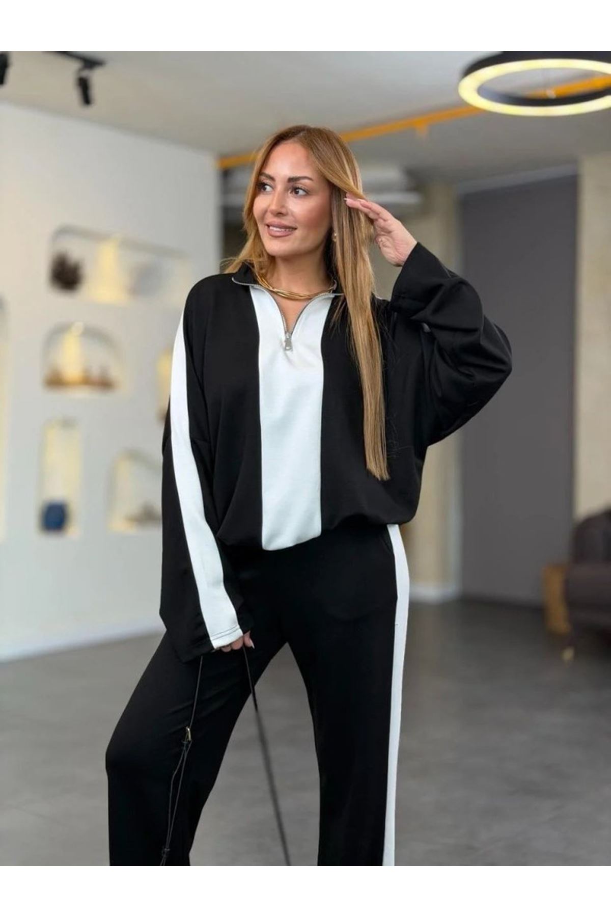 Kadın Uzun Kollu Yakadan Fermuarlı Viskon Iki Iplik Bluz Ve Pantolon Ikili Takım